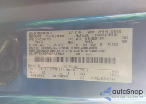 2020 Ford F-150 Xl из США, поврежденный, VIN 1FTEX1EP6LFA55938